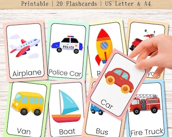 Transportation Flashcards, Printable Learning Cards, Montessori Flashcards, Educational Printable Flashcards, Vehicle Learning Cards, Pre-K