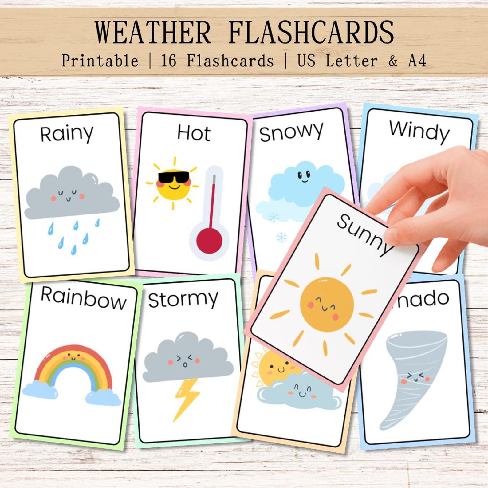 Weather Flashcards for Kids, Printable Learning Cards, Montessori ...