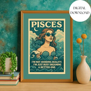 Pisces Zodiac Wall Art, Vintage Mid Century Modern Astrology Poster, March Birthday Gift, Retro Pisces Sign Decor for Her, Digital Download