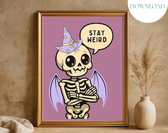 Pastel Goth Skeleton Art Print: Kawaii Spooky Halloween Decor (Digital Download)