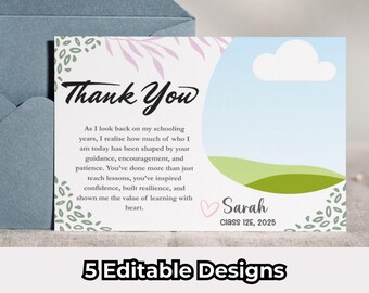 Teacher Thank You Cards – 5 Canva Editable Designs (Instant Download)
