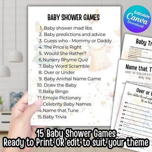 Minimalist Baby Shower Games Bundle: 15 Printable Activities (Canva Editable, Digital Download