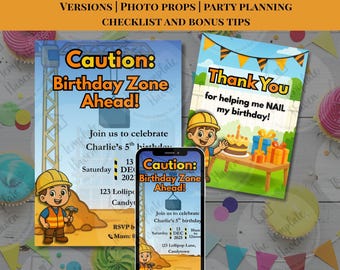 Construction Birthday Invitation Bundle: Editable Canva Templates (Digital Download