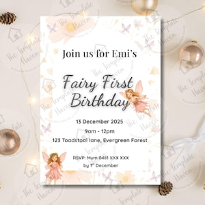 Modèle modifiable d'invitation de premier anniversaire de fée | Invitation florale rose d'anniversaire | Panneau de bienvenue + jalon + carte de remerciement