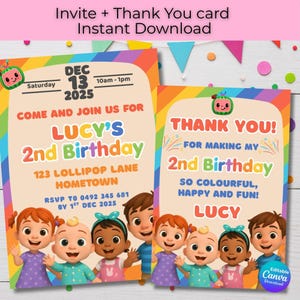 Invito di compleanno colorato e biglietto di ringraziamento - Modello Canva modificabile - Festa arcobaleno per bambini - Download immediato