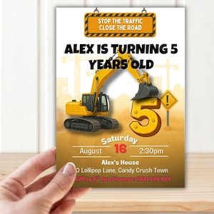 Construction 5th Birthday Invitation: Dump Truck, Excavator (Digital Download, Editable Template)