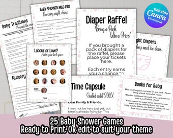 Paquete de juegos divertidos para baby shower: Paquete moderno para imprimir (editable en Canva, descarga digital)