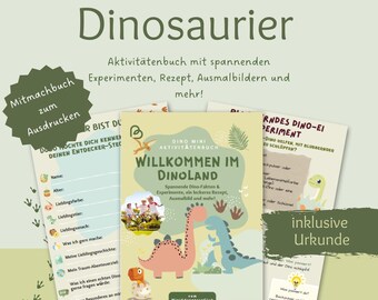 Puede incluir: Un libro de actividades para niños titulado "Dinosaurier" con el texto "Bienvenido a Dinoland". La portada presenta una ilustración de dinosaurio rosa y azul. Incluye un libro de actividades imprimible, instrucciones de experimentos y un certificado.