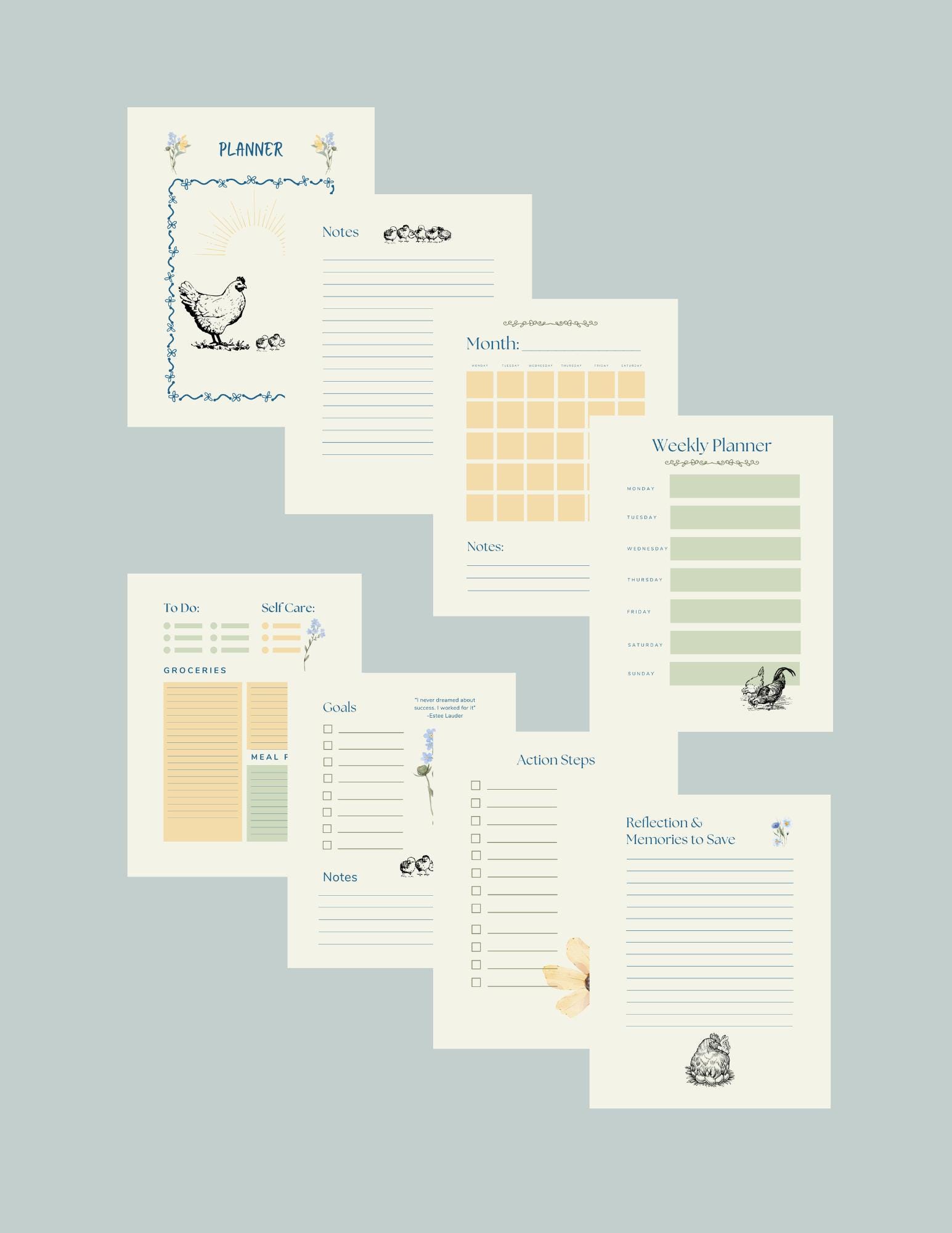 Printable Planner, monthly, weekly, meal plans, journal, self-care, chickens, floral