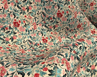 Vintage Floral Fabric, Beige Background, Elegant Red and Pink Flowers