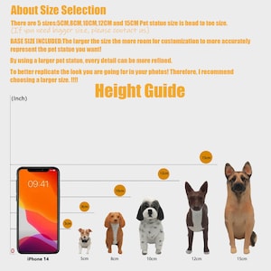 Peut inclure: Un guide des tailles pour statues d'animaux de compagnie, de 5 cm &agrave; 15 cm de hauteur, avec un iPhone 14 pour comparaison. Le texte explique la s&eacute;lection des tailles et la personnalisation des statues.