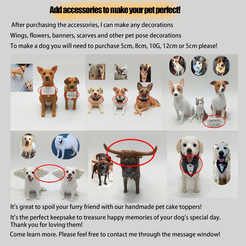 Peut inclure: Divers toppers de g&acirc;teaux pour animaux de compagnie faits &agrave; la main, repr&eacute;sentant des chiens avec des ailes, des n&oelig;uds papillon et d'autres accessoires. Le texte dit : &laquo; Ajoutez des accessoires pour rendre votre animal parfait ! &raquo;