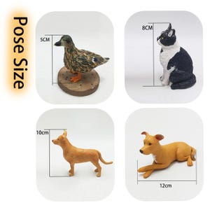Peut inclure: Quatre figurines d'animaux : un canard (5 cm), un chat noir et blanc (8 cm), un chien debout (10 cm) et un chien couch&eacute; (12 cm). Le canard est brun et beige, le chat est noir et blanc, et les chiens sont beiges.