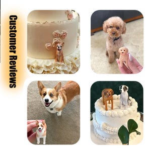 Peut inclure: Un collage d'images pr&eacute;sentant des figurines miniatures de chiens. Une figurine est plac&eacute;e sur un g&acirc;teau d&eacute;cor&eacute;, tandis que d'autres sont pr&eacute;sent&eacute;es avec de vrais chiens. Les figurines sont d&eacute;taill&eacute;es et r&eacute;alistes, repr&eacute;sentant diverses races de chiens.