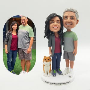 Könnte beinhalten: Eine individuelle Wackelkopf-Figur eines Paares und eines Hundes, mit einem Foto des Paares im Hintergrund. Das Figurenpaar trägt Freizeitkleidung. Auf der Basis der Figur steht "Happy 37th Wedding Anniversary."