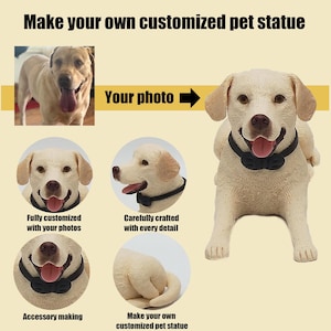 Peut inclure: Une statue de chien cr&egrave;me avec un n&oelig;ud papillon noir, con&ccedil;ue pour &ecirc;tre personnalis&eacute;e avec une photo. L'image comprend le texte "Make your own customized pet statue", "Fully customized with your photos", et "Carefully crafted with every detail."