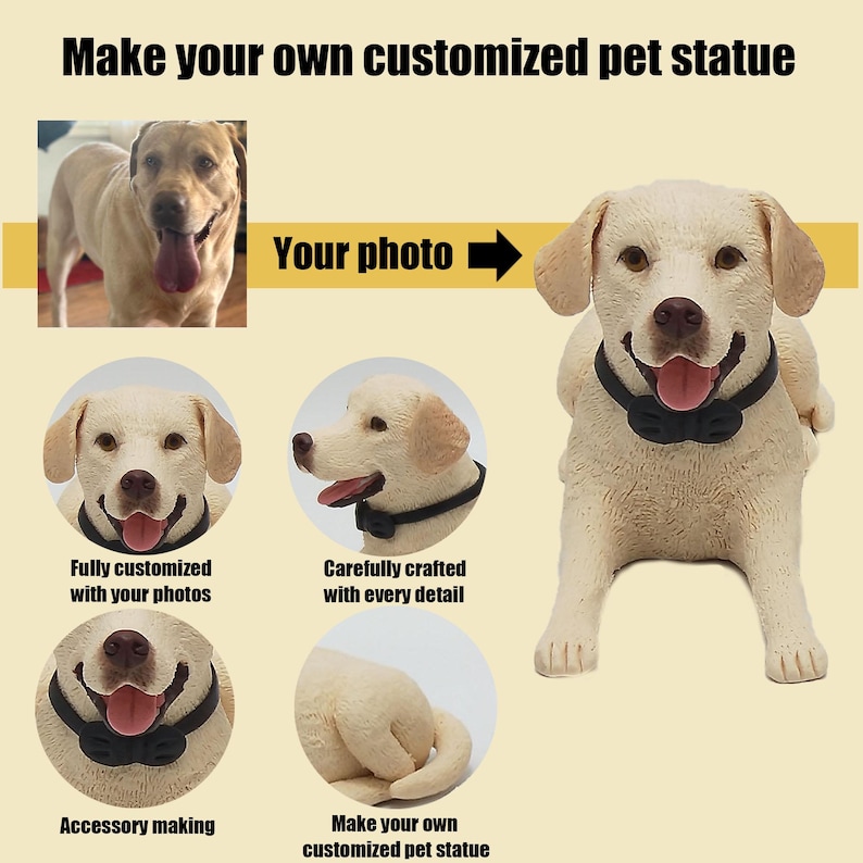 Peut inclure: Une statue de chien cr&egrave;me avec un n&oelig;ud papillon noir, con&ccedil;ue pour &ecirc;tre personnalis&eacute;e avec une photo. L'image comprend le texte "Make your own customized pet statue", "Fully customized with your photos", et "Carefully crafted with every detail."