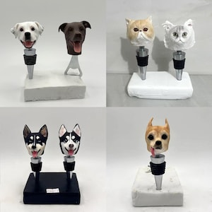 Peut inclure: Ensemble de bouchons de bouteille d&eacute;coratifs avec des t&ecirc;tes d'animaux, chiens et chats. Les bouchons ont des joints en caoutchouc noir et des tiges argent&eacute;es. Les races de chiens sont un Labrador, un Pitbull, un Husky et un chien beige. Les chats sont Persan et Exotic Shorthair.