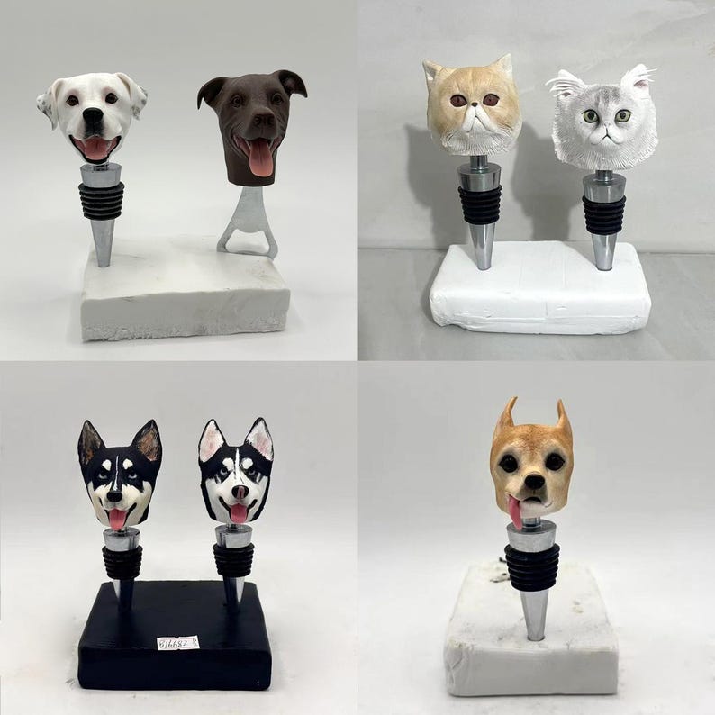 Peut inclure: Ensemble de bouchons de bouteille d&eacute;coratifs avec des t&ecirc;tes d'animaux, chiens et chats. Les bouchons ont des joints en caoutchouc noir et des tiges argent&eacute;es. Les races de chiens sont un Labrador, un Pitbull, un Husky et un chien beige. Les chats sont Persan et Exotic Shorthair.