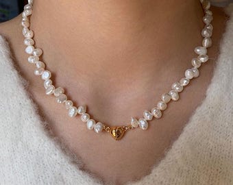 Dainty Freshwater Pearl Necklace: 18K Gold Chain, Wedding Jewelry
