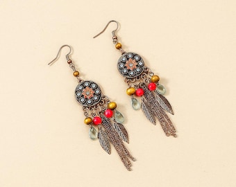 Boho Bronze Dangle Earrings: Red & Gold Beads, Leaf Charms