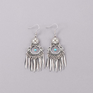 Boho Chandelier Earrings with Turquoise Beads & Silver Fringe, Handmade Tribal Dangle Earrings, Festival Statement Jewelry for Women