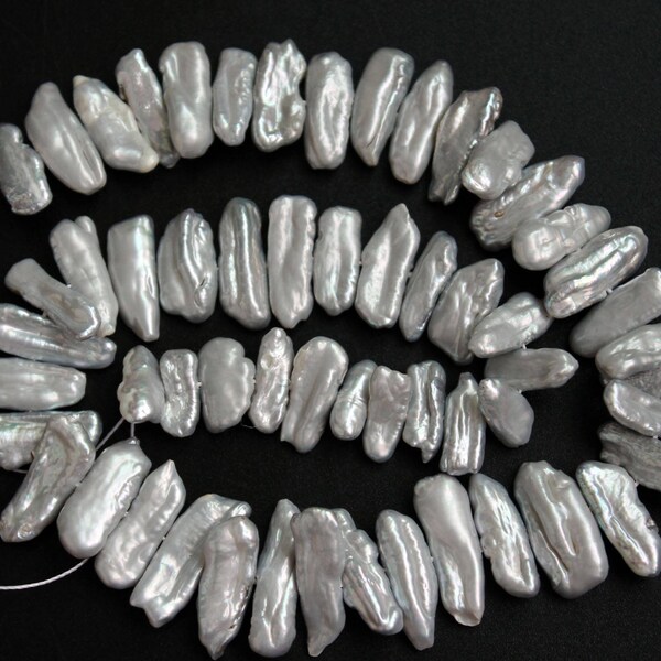 15 Inch Strand Silver Grey Biwa Side Drilled Stick Freshwater Pearls