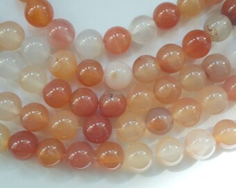 Natural Peachy Red Pink  White Agate Smooth Round Gemstone Beads 10mm