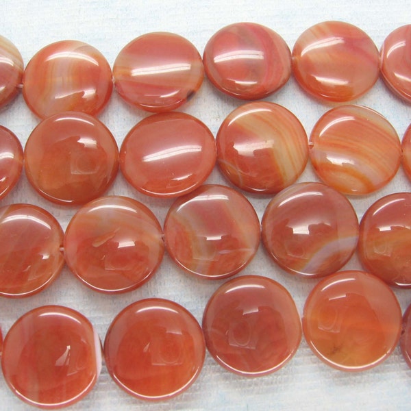 Red Agate Polished Puffed Coin Beads 20mm - 15.5 Inch Strand