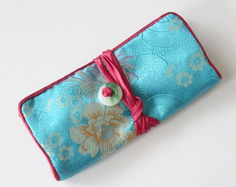 Teal Blue/Blue/Magenta Purple Flower Brocade Travel Jewellery Roll, Travel Jewelry Case