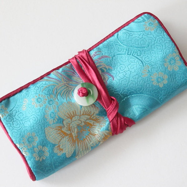 Teal Blue/Blue/Magenta Purple Flower Brocade Travel Jewellery Roll, Travel Jewelry Case