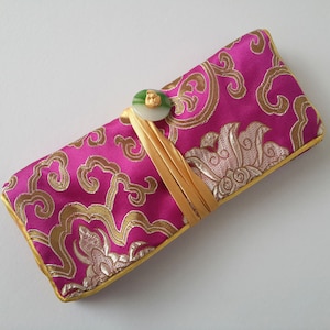 Rouleau à bijoux de voyage en brocart floral or rose magenta, étui à bijoux de voyage
