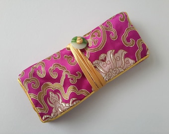 Magenta Pink Gold Floral Brokat Reise Schmuckrolle, Reise Schmuckschatulle