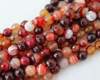 Full Strand Red White Lace Agate Faceted Round Beads 8mm