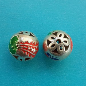1 Pcs Large S925 Sterling Silver Cloisonne Round Beads 14mm, Cloisonne Enamel Bird Floral Beads