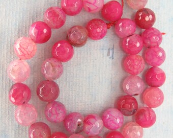 Fuchsia Pink Veins Agate Faceted Round Beads 10mm