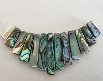 Könnte beinhalten: Reihe von Abalone-Muschelkernperlen, die schillernde Farben von Grün, Blau und Silber zeigen. Die rechteckigen Perlen sind aneinandergereiht und bilden eine gebogene Form. Die Perlen haben eine polierte, glatte Oberfläche.