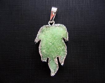 Gorgeous Mint Green Druzy Drusy Crystal  Leaf Pendant