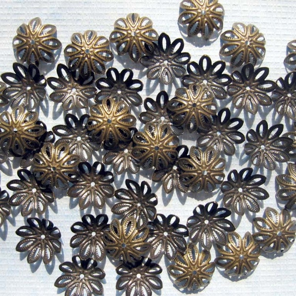 50 Pcs Antique Bronze Brass Filigree Bead Caps