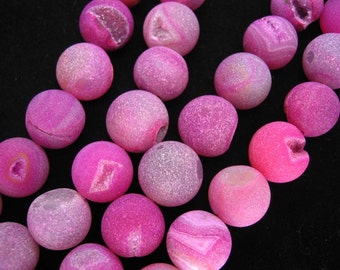 Magenta Agate Quartz Geode Round Frosted Beads 14mm