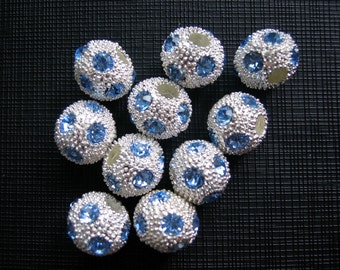 Stunning 4 Pcs Dazzling Blue Swarovski Rhinestone Silver Filigree Rondelle Beads