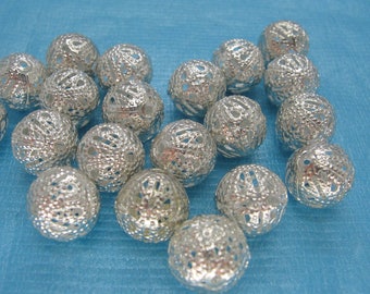 20 Pcs Silver Tone Filigree Ball Beads 12mm