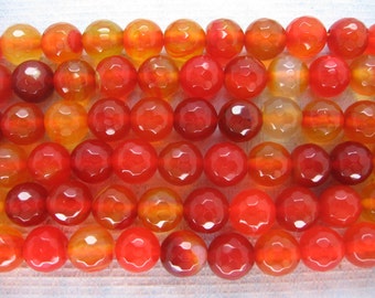 Beautiful Orange Red Agate Faceted Round Beads 8mm - 15 Inch Strand