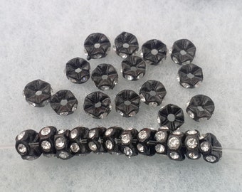 7mm Gunmetal Clear Rhinestone Rondelle Spacer Beads - 20 Pcs