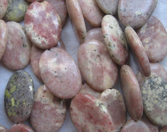 Large Peru Rhodonite Puffed Oval Beads 35x25mm- 15 Inch Strand