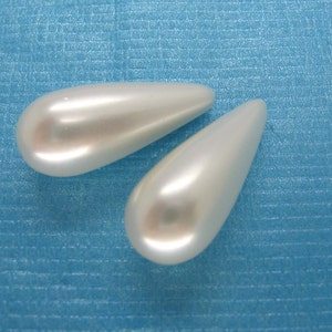 2 Pcs Half Drilled White Shell Pearl Long Teardrop Beads 20x8mm, 30x8mm image 2