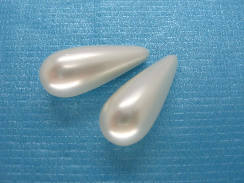 2 Pcs Half Drilled White Shell Pearl Long Teardrop Beads 20x8mm, 30x8mm image 2