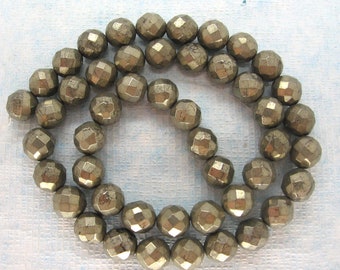 Golden Pyrite Faceted Round Beads 8mm  - Full 15.5" Strand