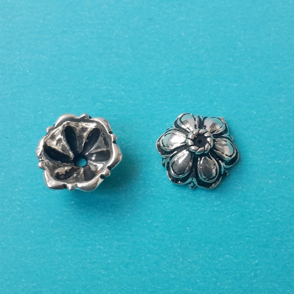2 Pcs Sterling Silver Flower Bead Caps, 925 Sterling Silver Two Layer Bead Caps 12mm