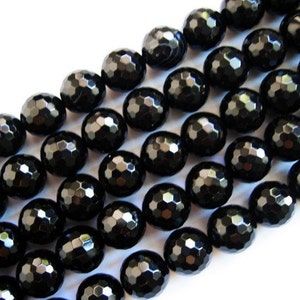AA Grade Black Agate Round Faceted Bead 12mm, Full Strand 14 Inches